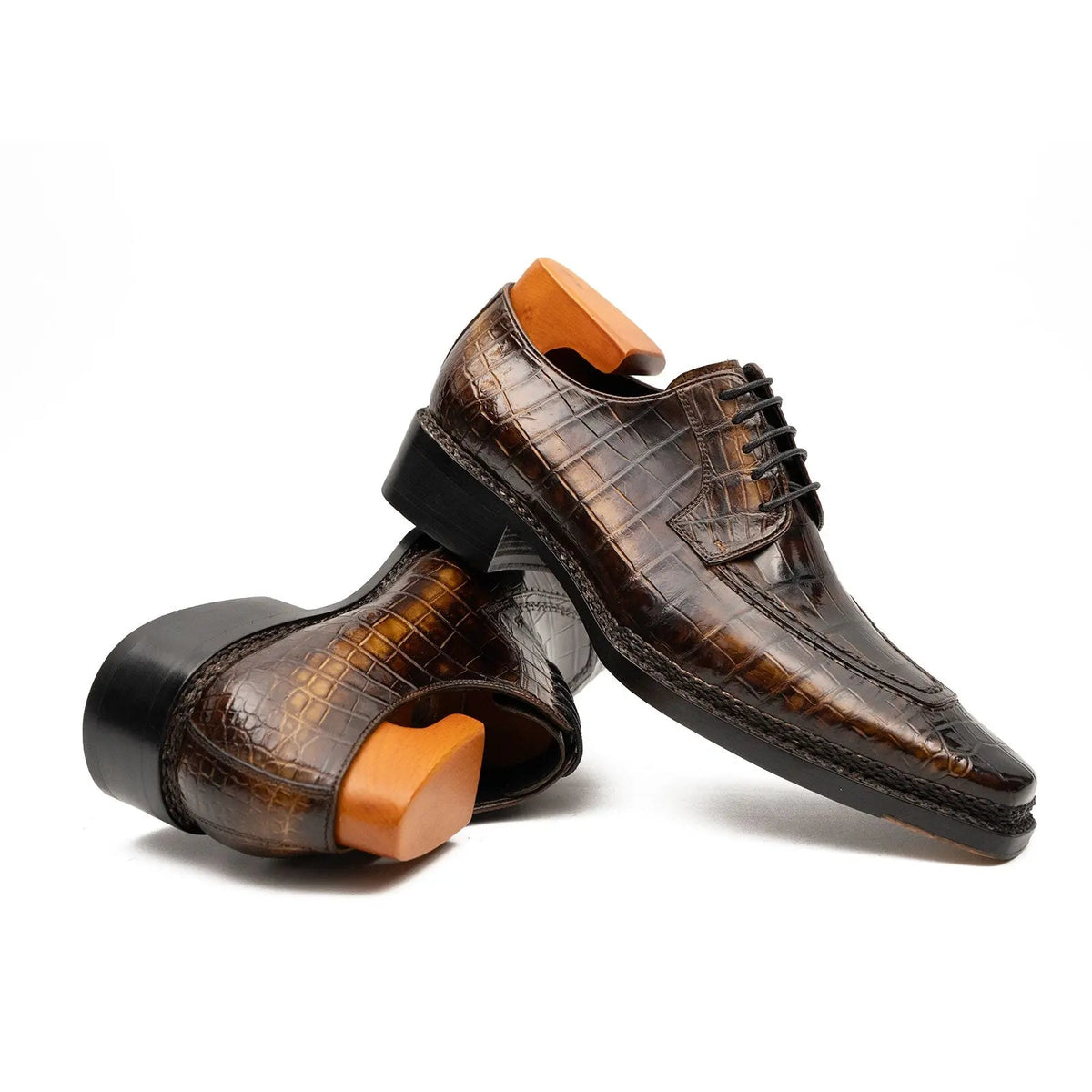 Dark Brown Apron-Toe Crocodile Leather Derby Shoes