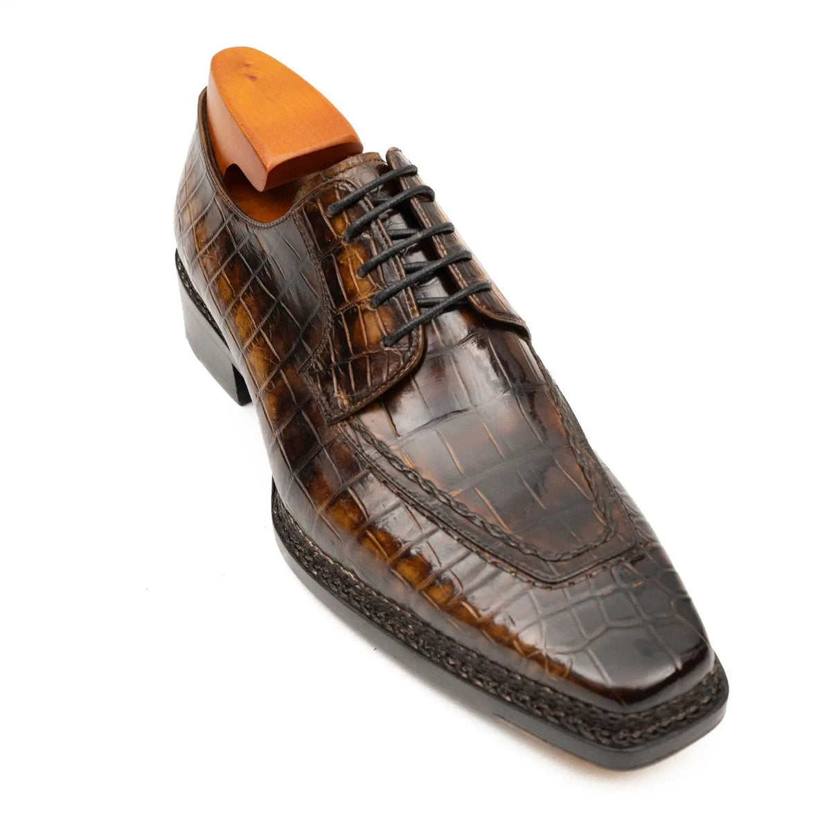 Dark Brown Apron-Toe Crocodile Leather Derby Shoes