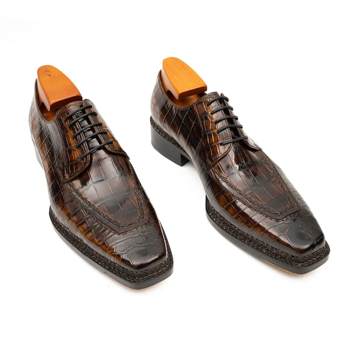 Dark Brown Apron-Toe Crocodile Leather Derby Shoes