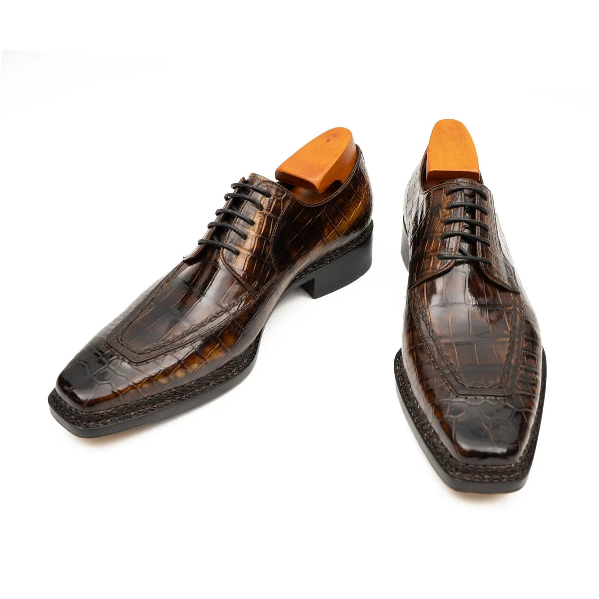 Dark Brown Apron-Toe Crocodile Leather Derby Shoes