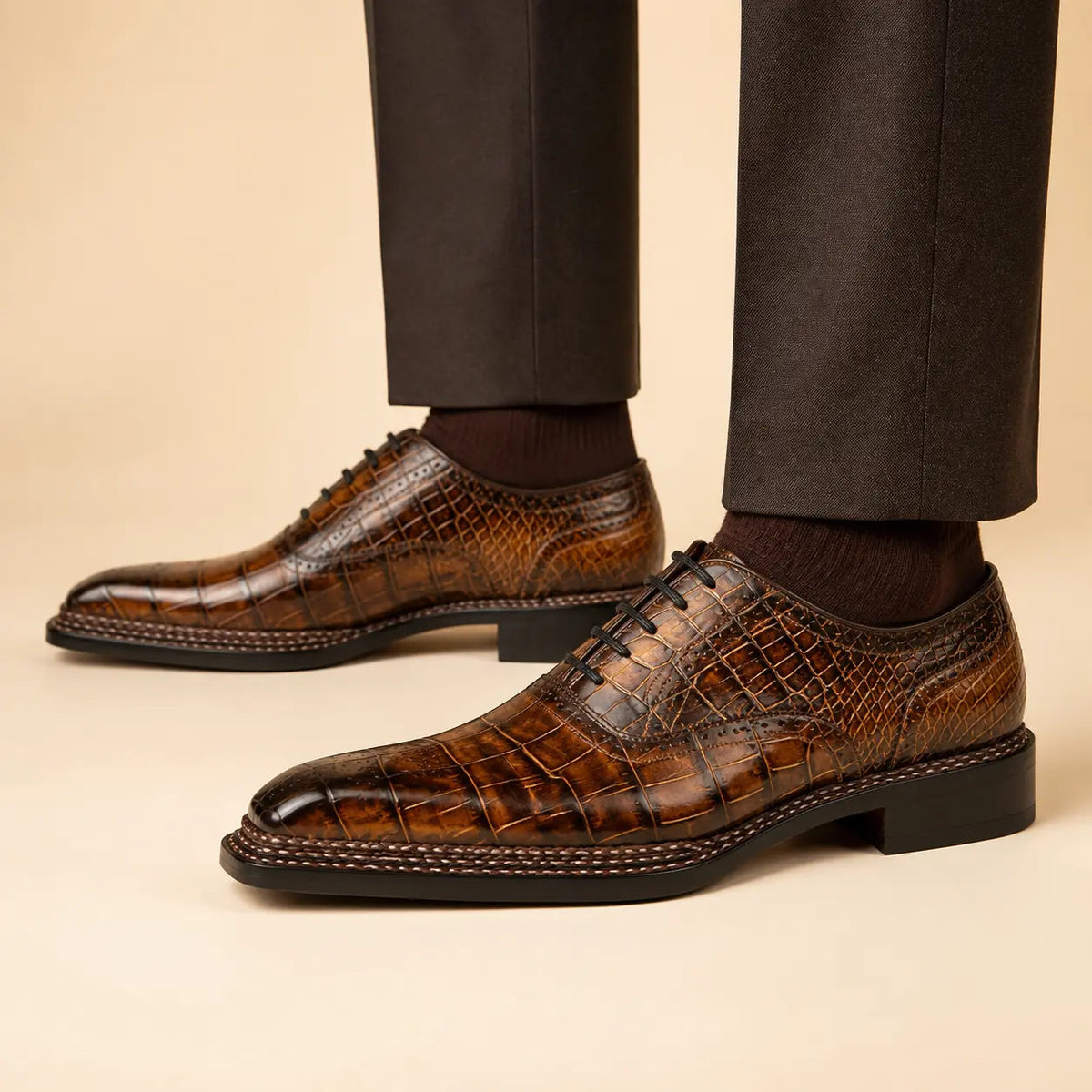 Brown Square-Toe Crocodile Leather Oxford Shoes