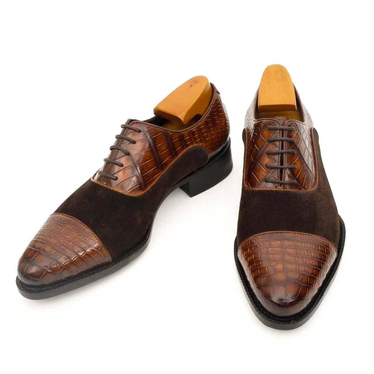 Brown Cap-Toe Calf & Crocodile Leather Oxford Shoes