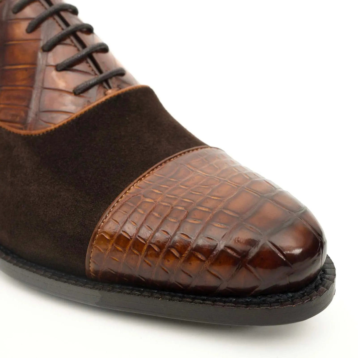 Brown Cap-Toe Calf & Crocodile Leather Oxford Shoes