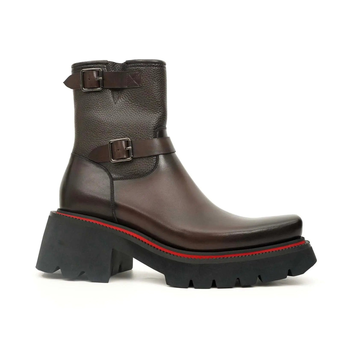 Dark Brown Square-Toe Calf Leather Buckle Ankle Boots