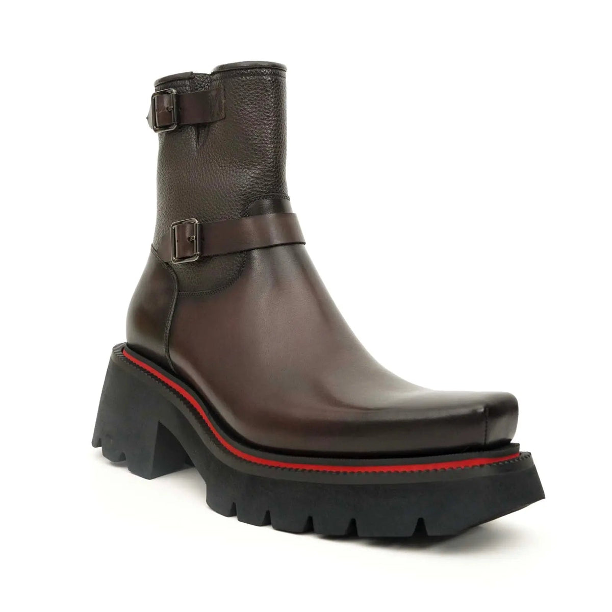 Dark Brown Square-Toe Calf Leather Buckle Ankle Boots