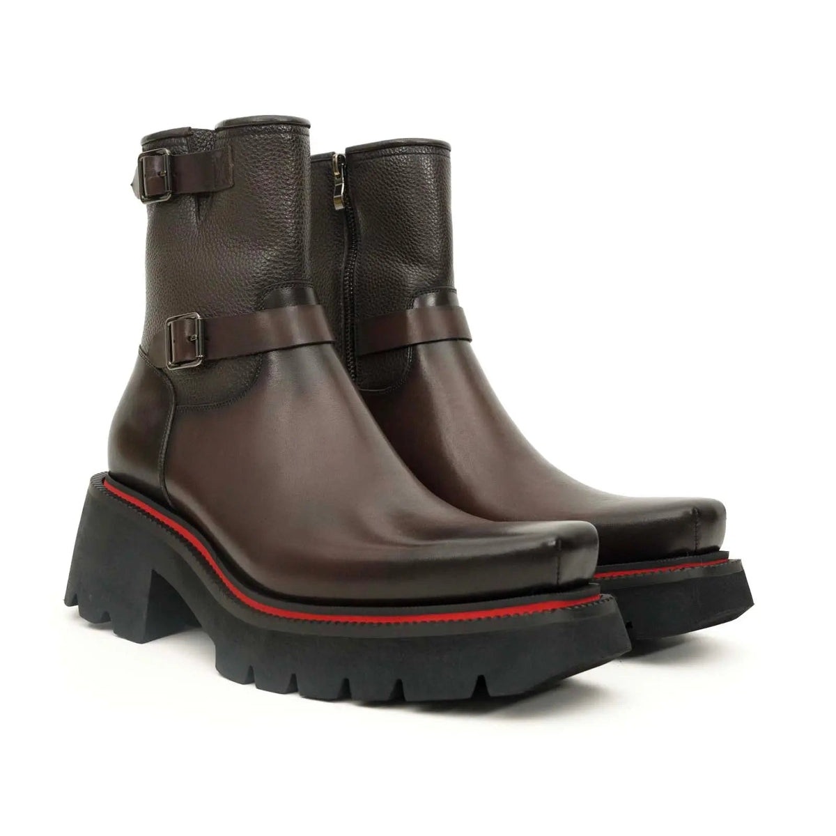 Dark Brown Square-Toe Calf Leather Buckle Ankle Boots