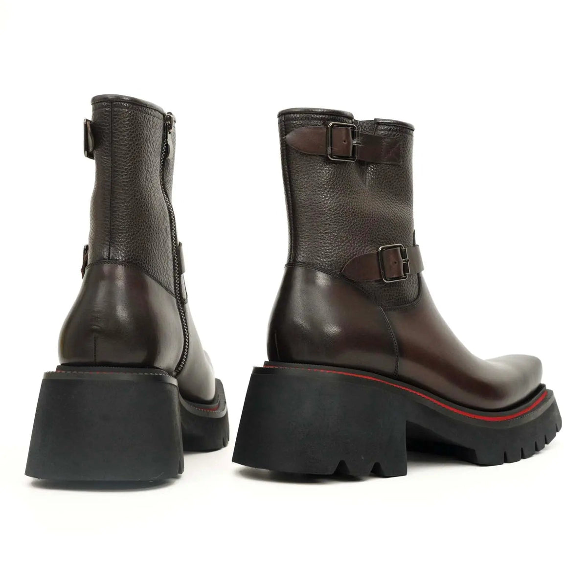 Dark Brown Square-Toe Calf Leather Buckle Ankle Boots