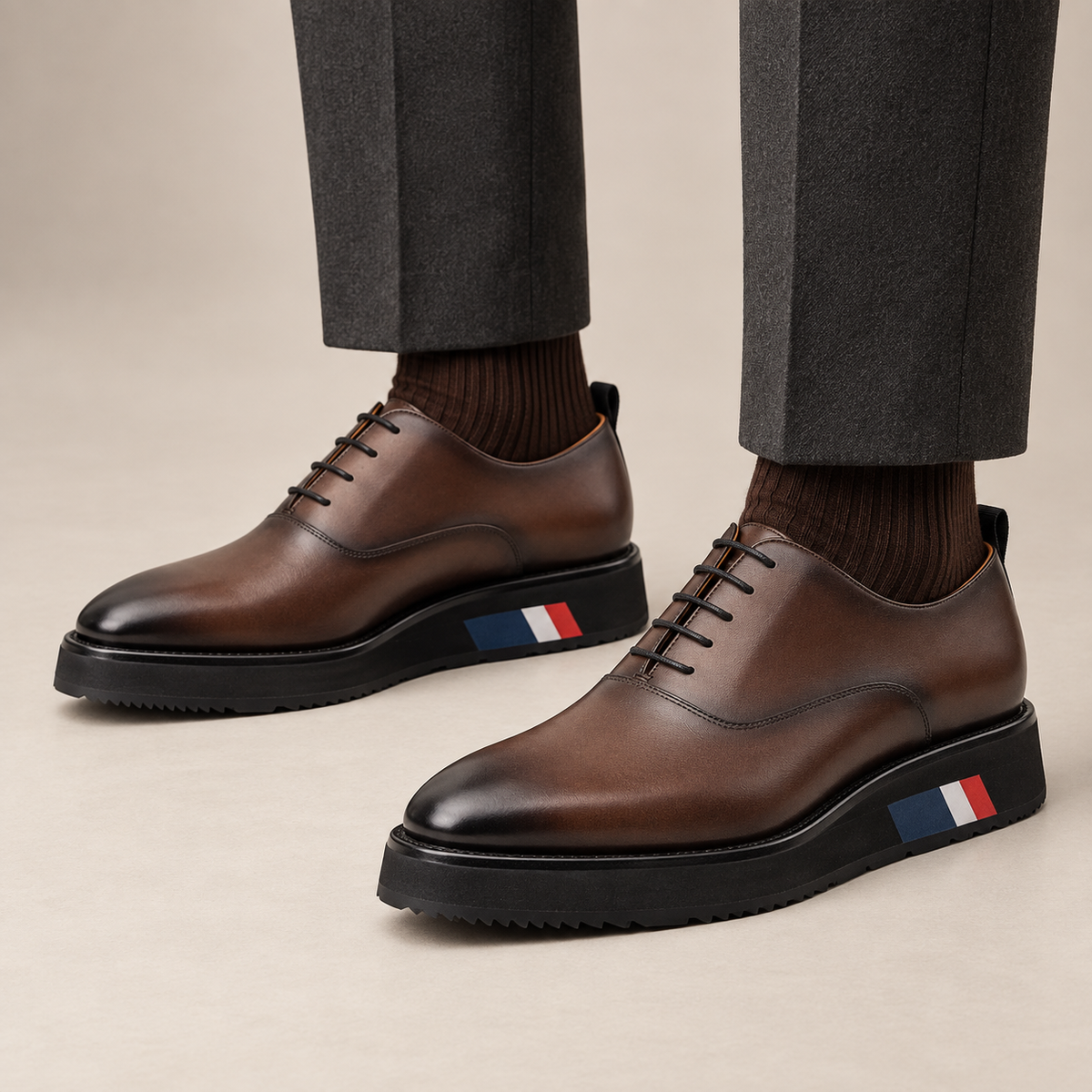 Brown Plain-Toe Calf Leather Oxford Shoes