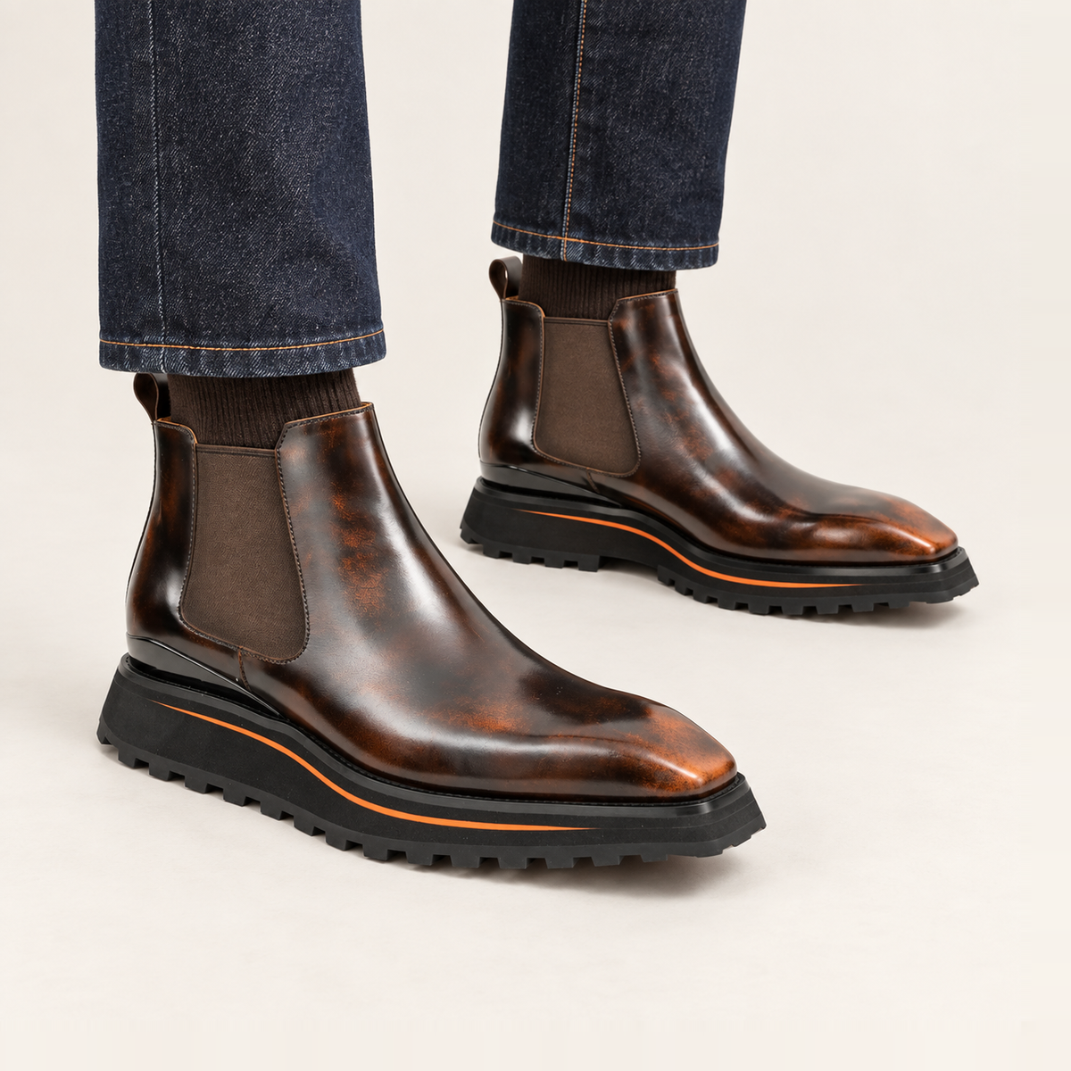 Brown Plain-Toe Cow Leather Chelsea Boots