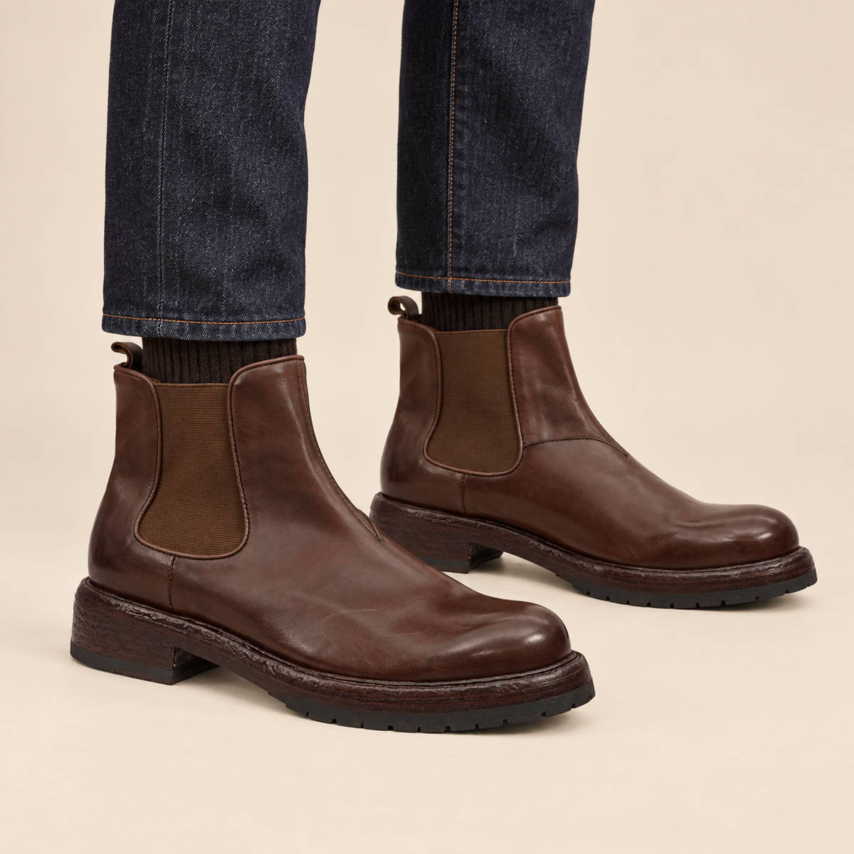 Brown Plain-Toe Cow Leather Chelsea Boots