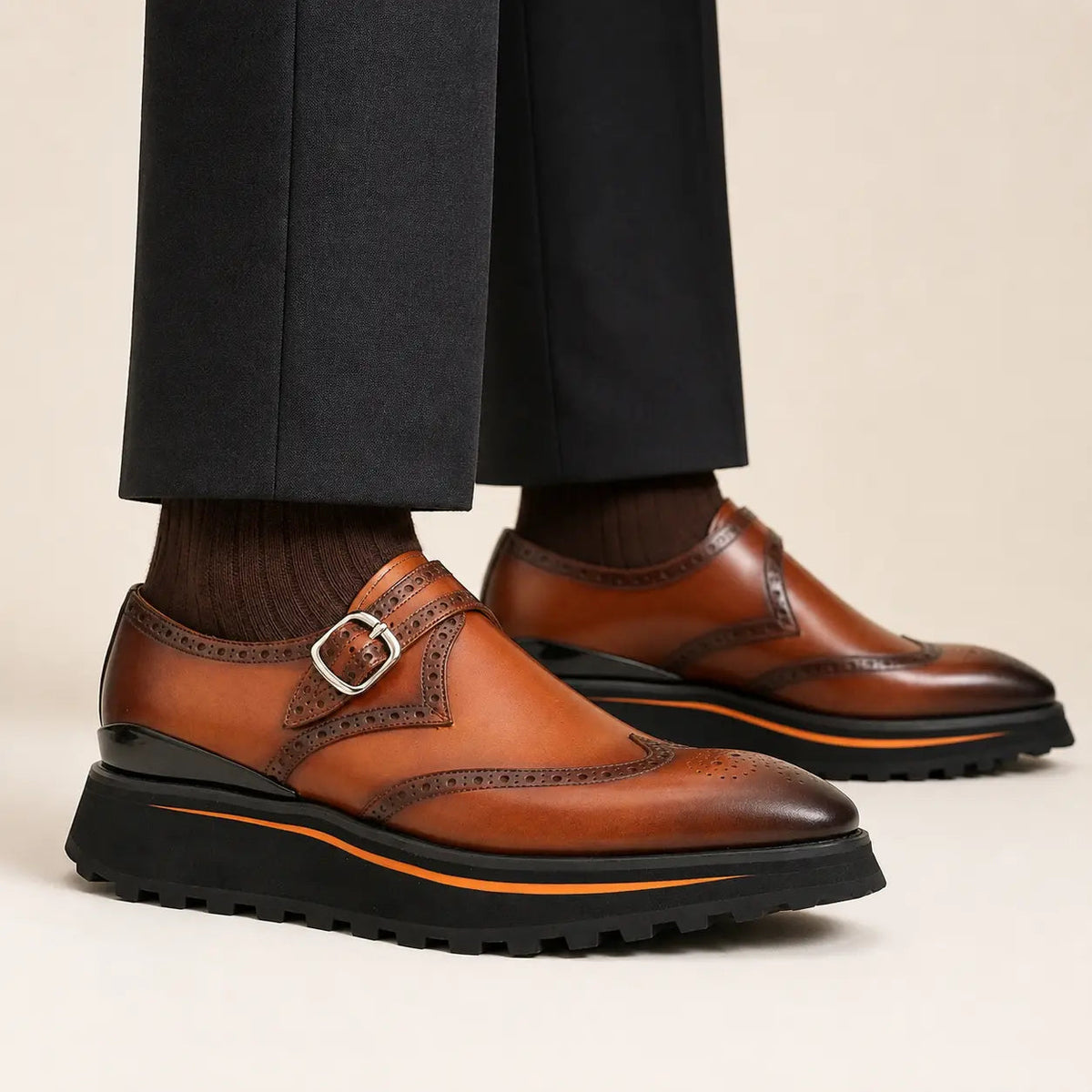 Brown Wingtip Calf Leather Monk Shoes