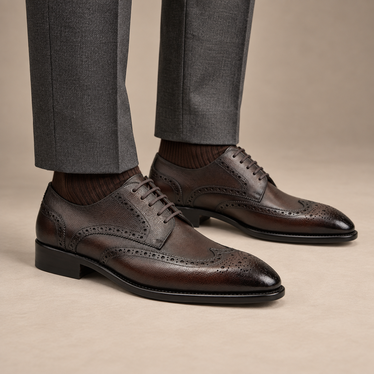 Brown Wingtip Calf Leather Oxford Shoes