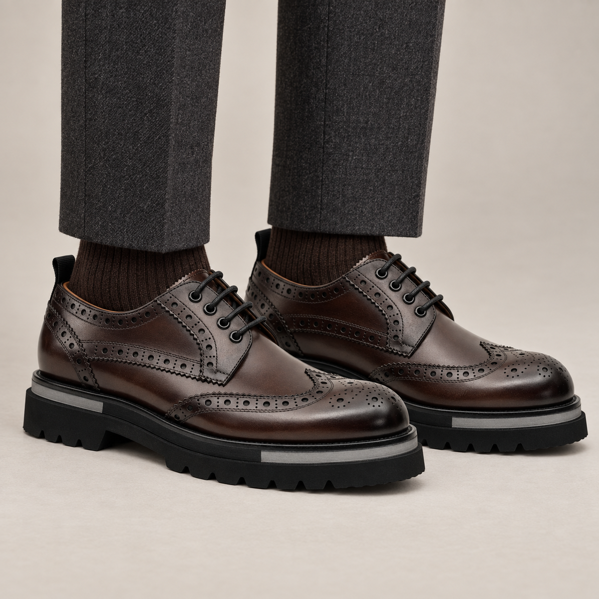 Brown Wingtip Cow Leather Derby Shoes