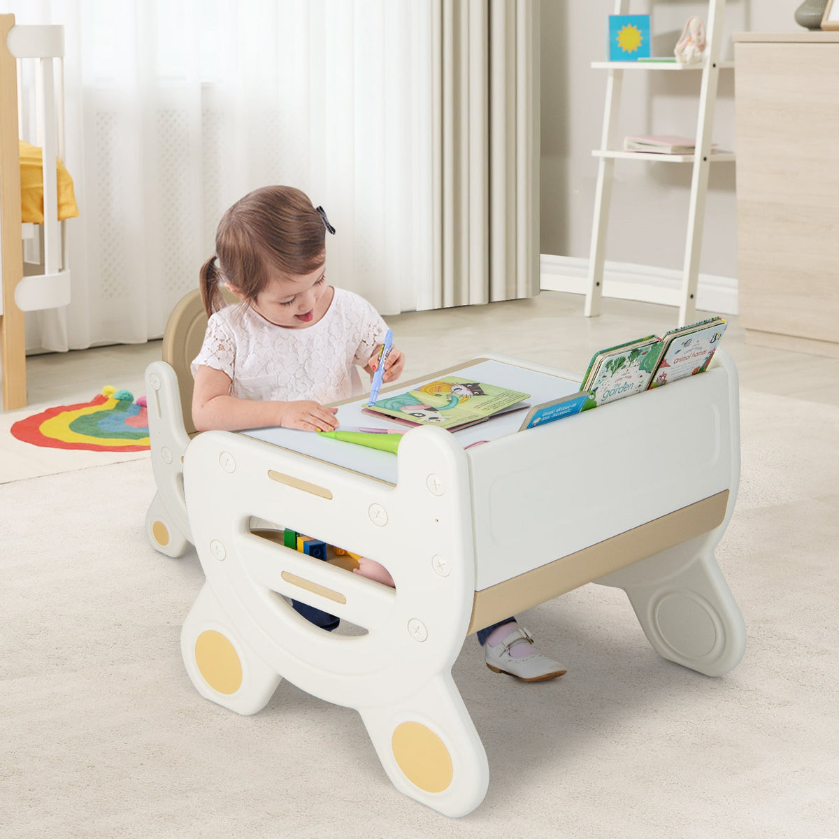 Kids Drawing Table and Chair Set with Watercolor Pens and Blackboard Eraser
