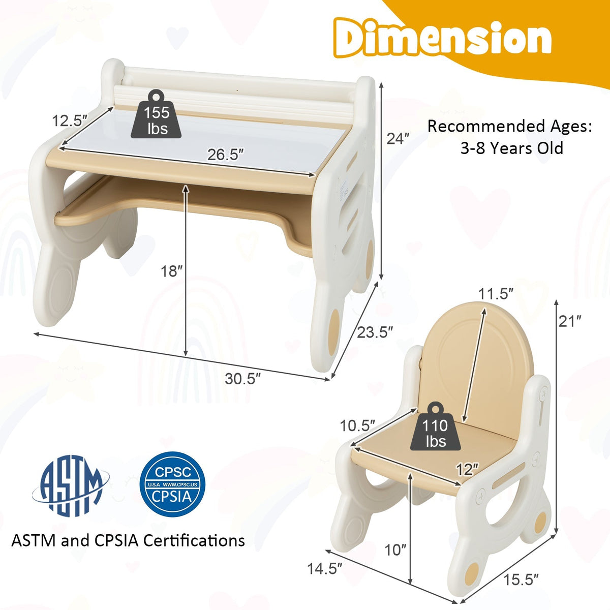 Kids Drawing Table and Chair Set with Watercolor Pens and Blackboard Eraser