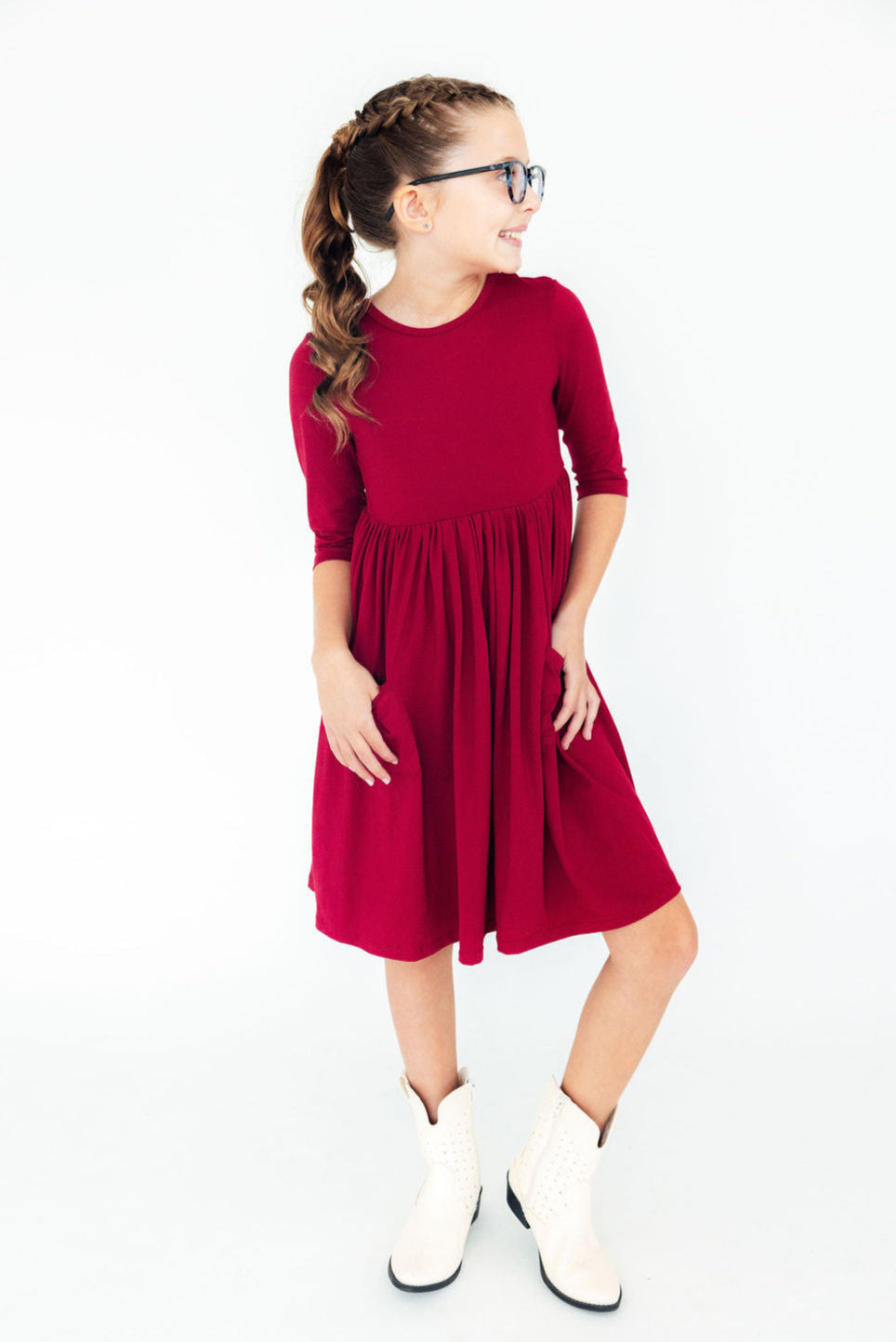 Burgundy 3/4 Sleeve Pocket Twirl Dress