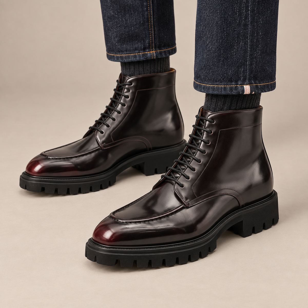 Burgundy Apron-Toe Cow Leather Ankle Boots
