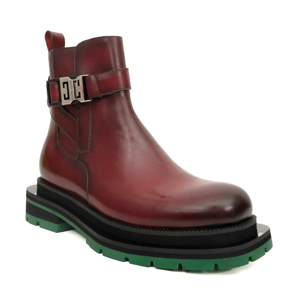 Burgundy Plain-Toe Calf Leather Buckle Ankle Boots