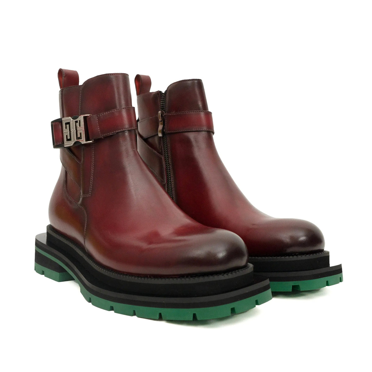 Burgundy Plain-Toe Calf Leather Buckle Ankle Boots
