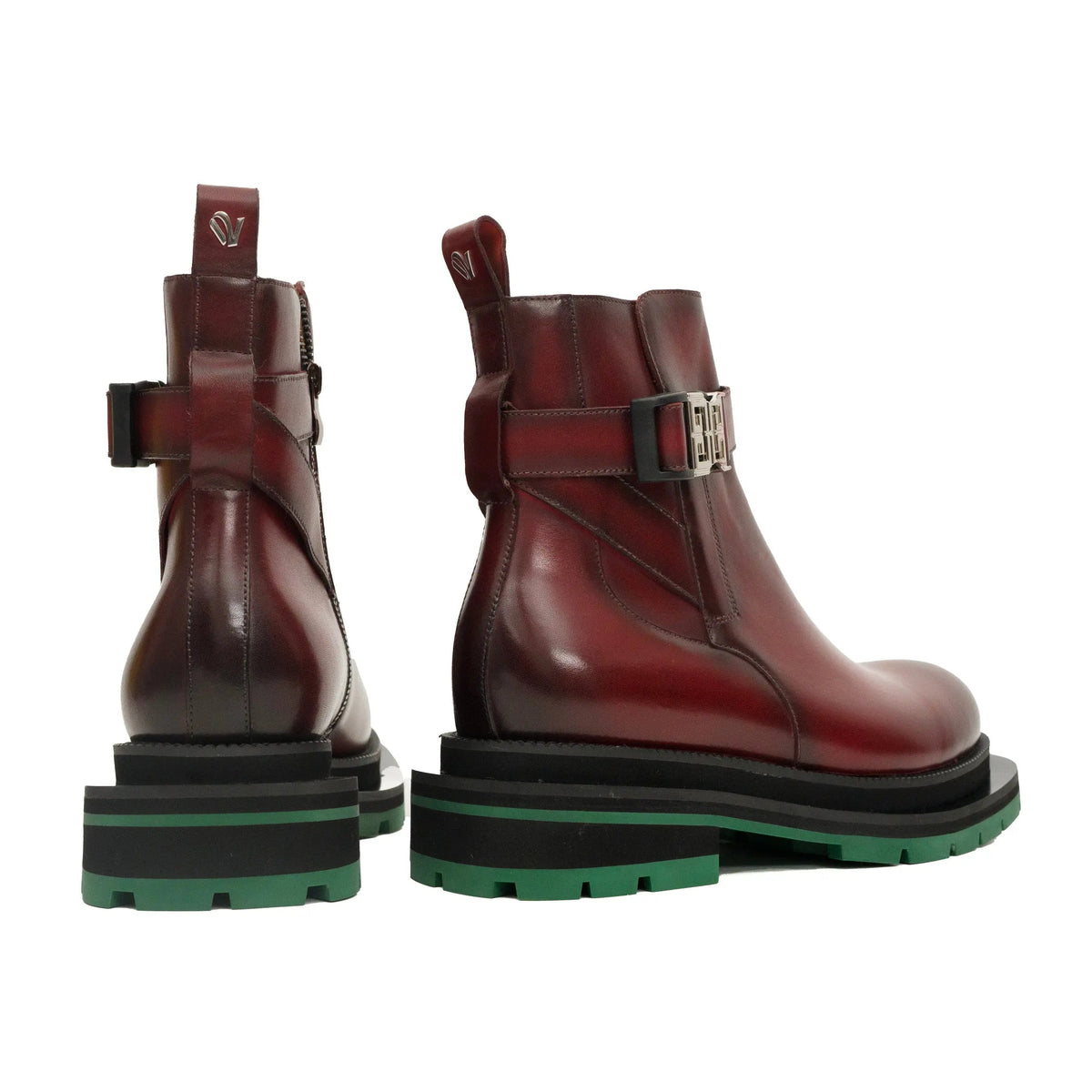 Burgundy Plain-Toe Calf Leather Buckle Ankle Boots