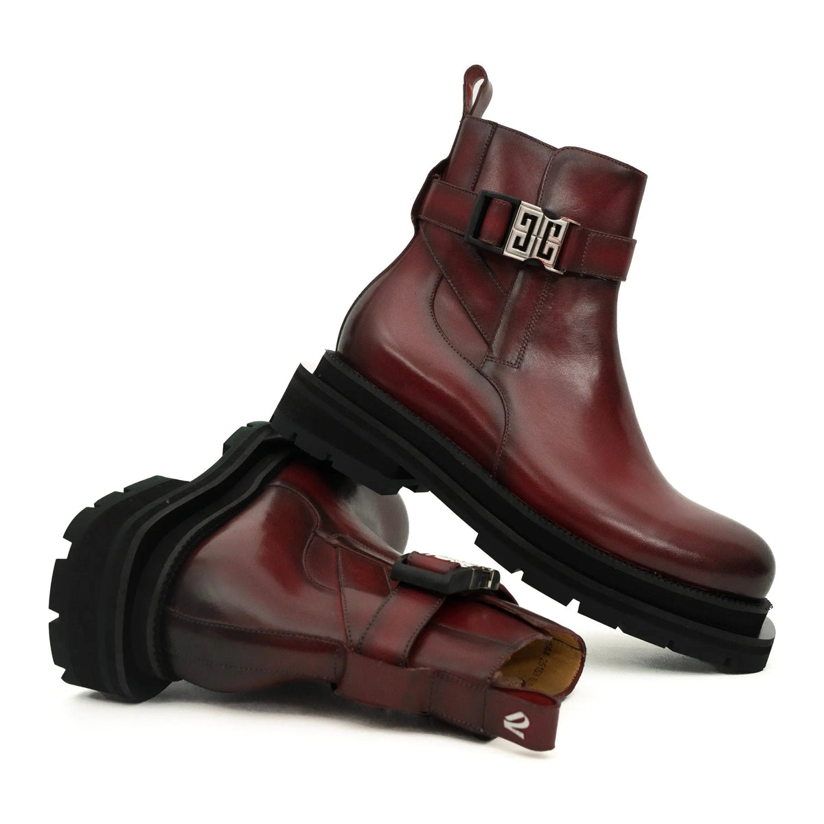 Burgundy Plain-Toe Calf Leather Buckle Ankle Boots