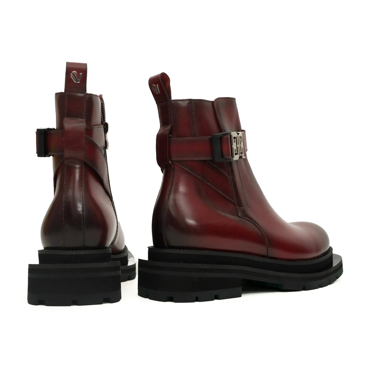 Burgundy Plain-Toe Calf Leather Buckle Ankle Boots
