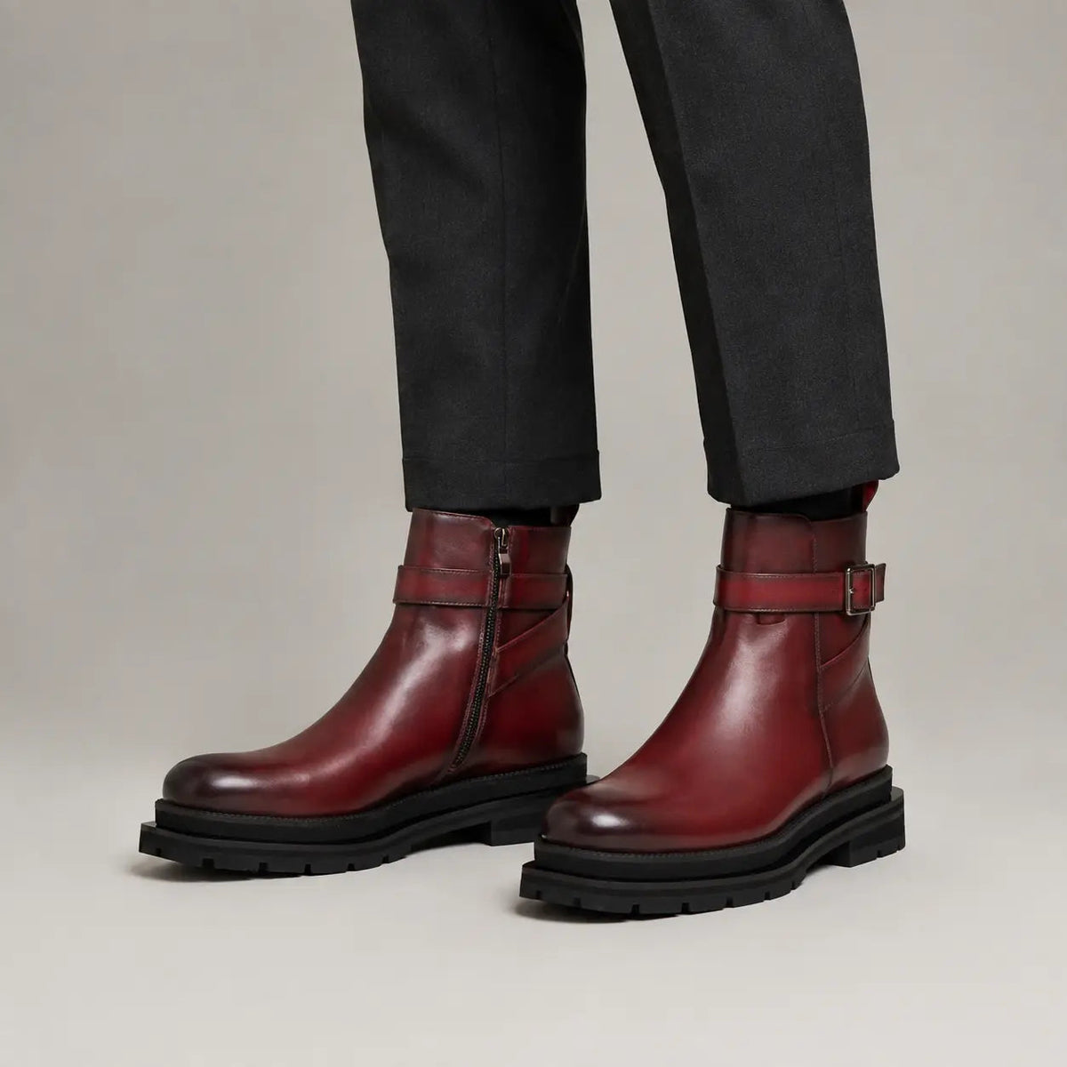 Burgundy Plain-Toe Calf Leather Buckle Ankle Boots