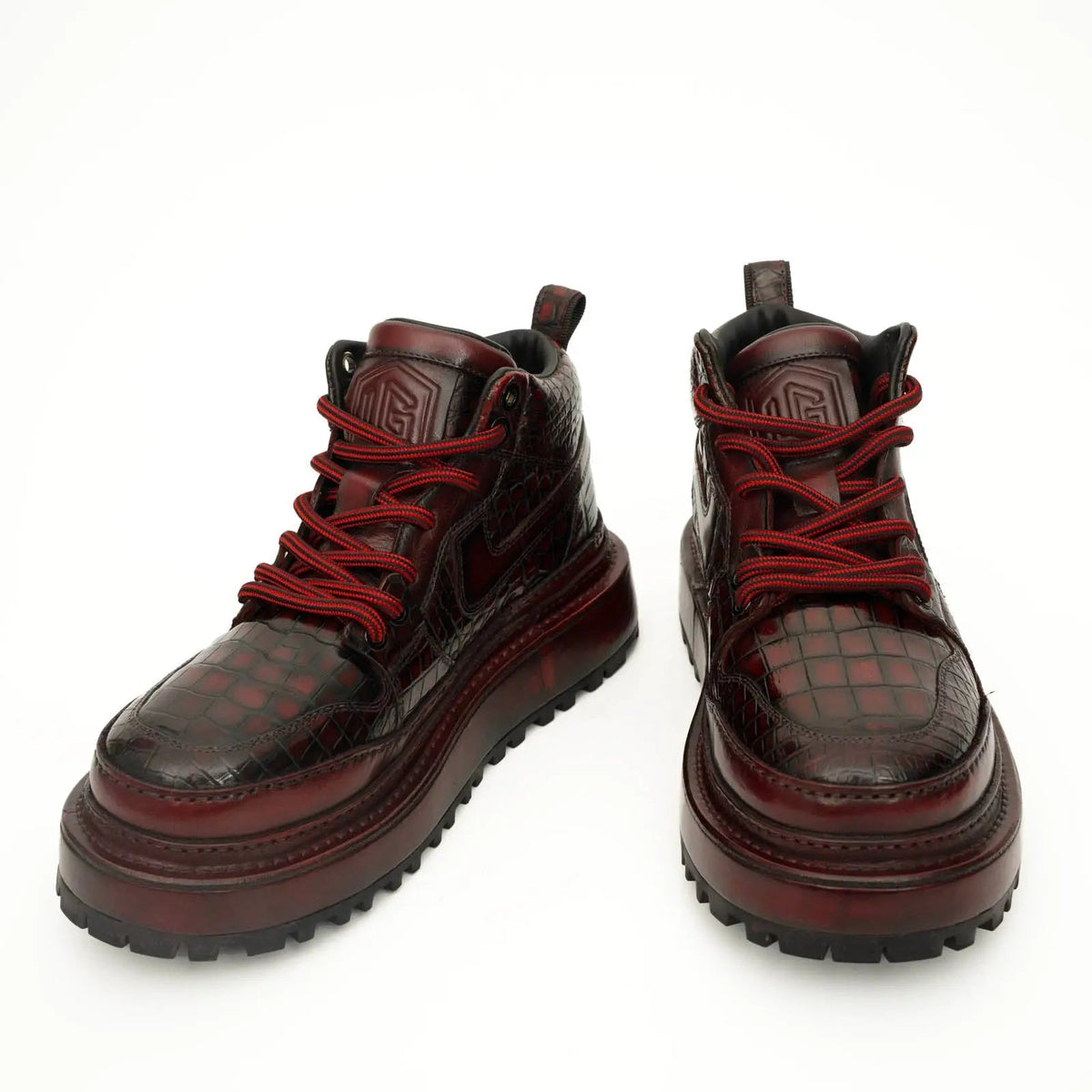 Burgundy Apron-Toe Crocodile Leather Sneakers