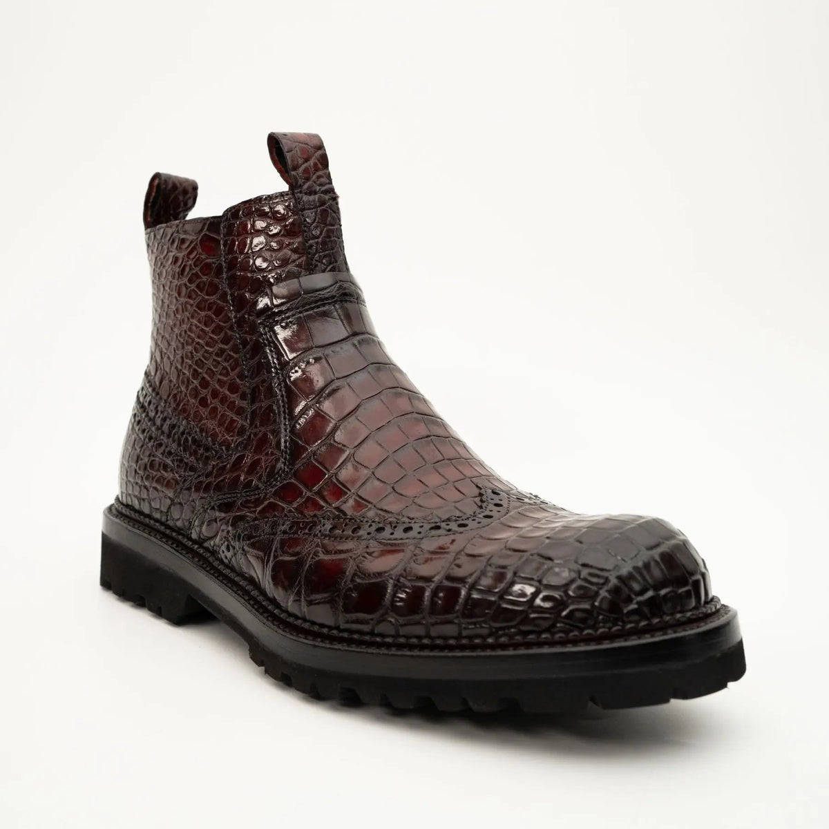 Burgundy Plain-Toe Crocodile Leather Chelsea Boots