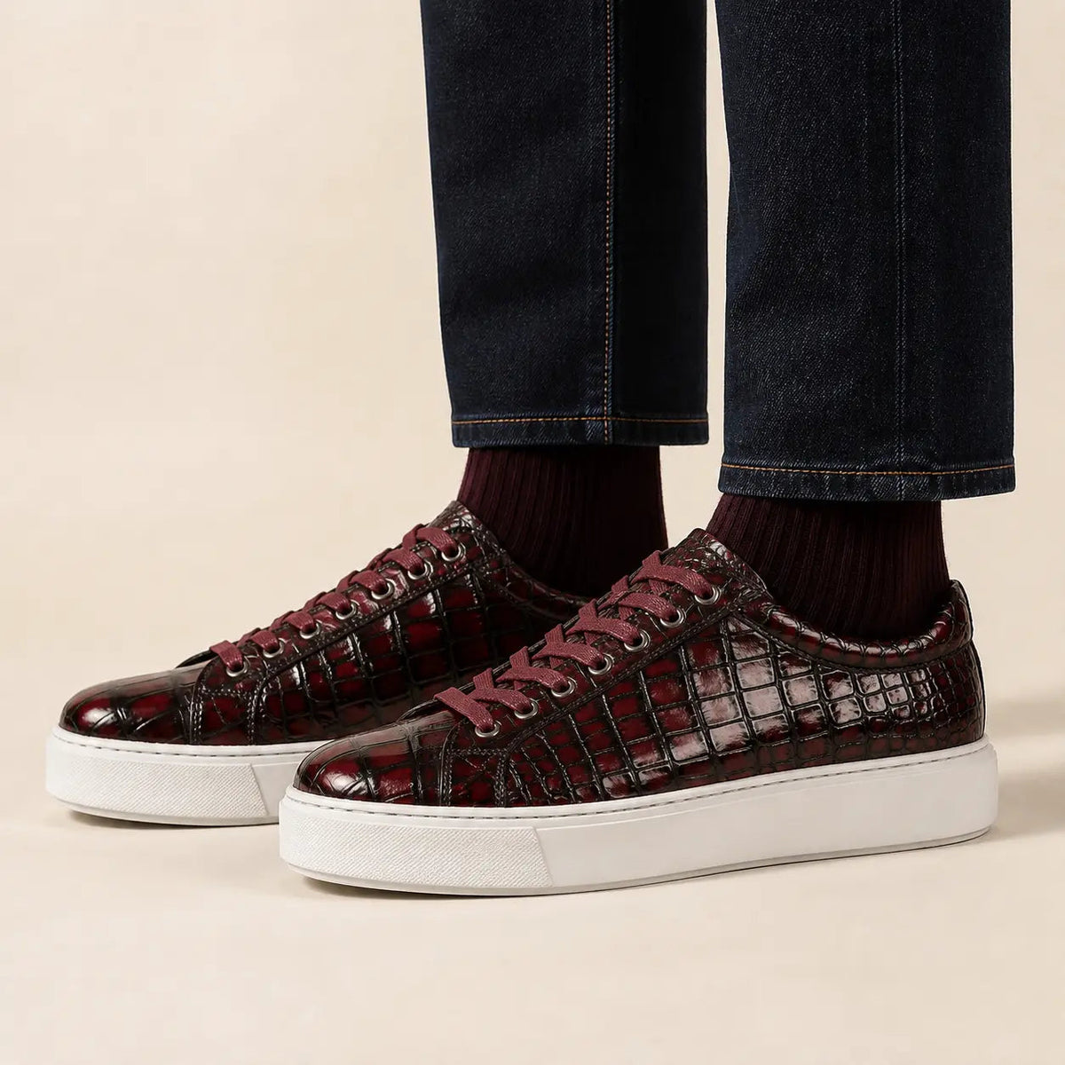 Burgundy Crocodile Leather Sneakers