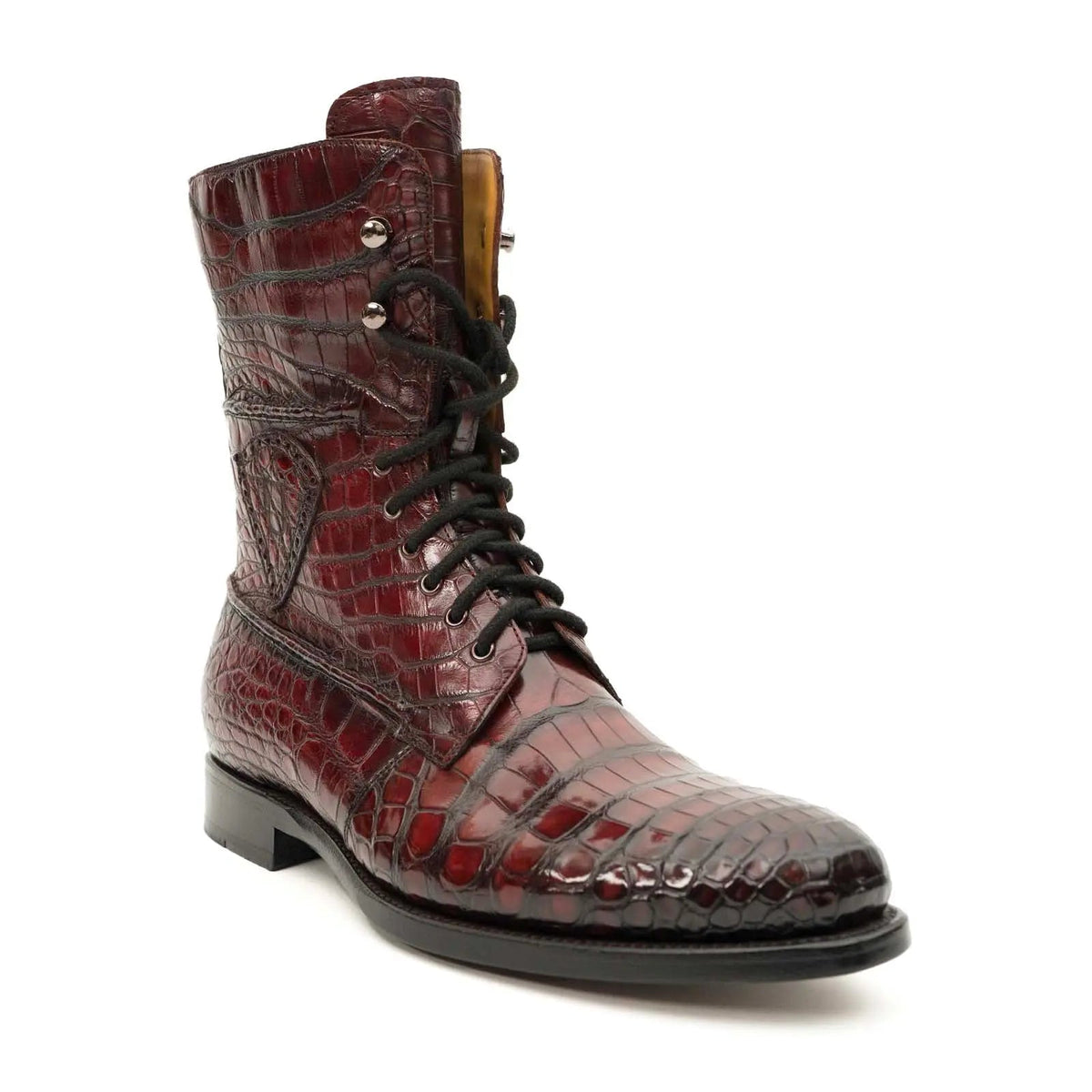 Burgundy Plain-Toe Crocodile Leather Ankle Boots