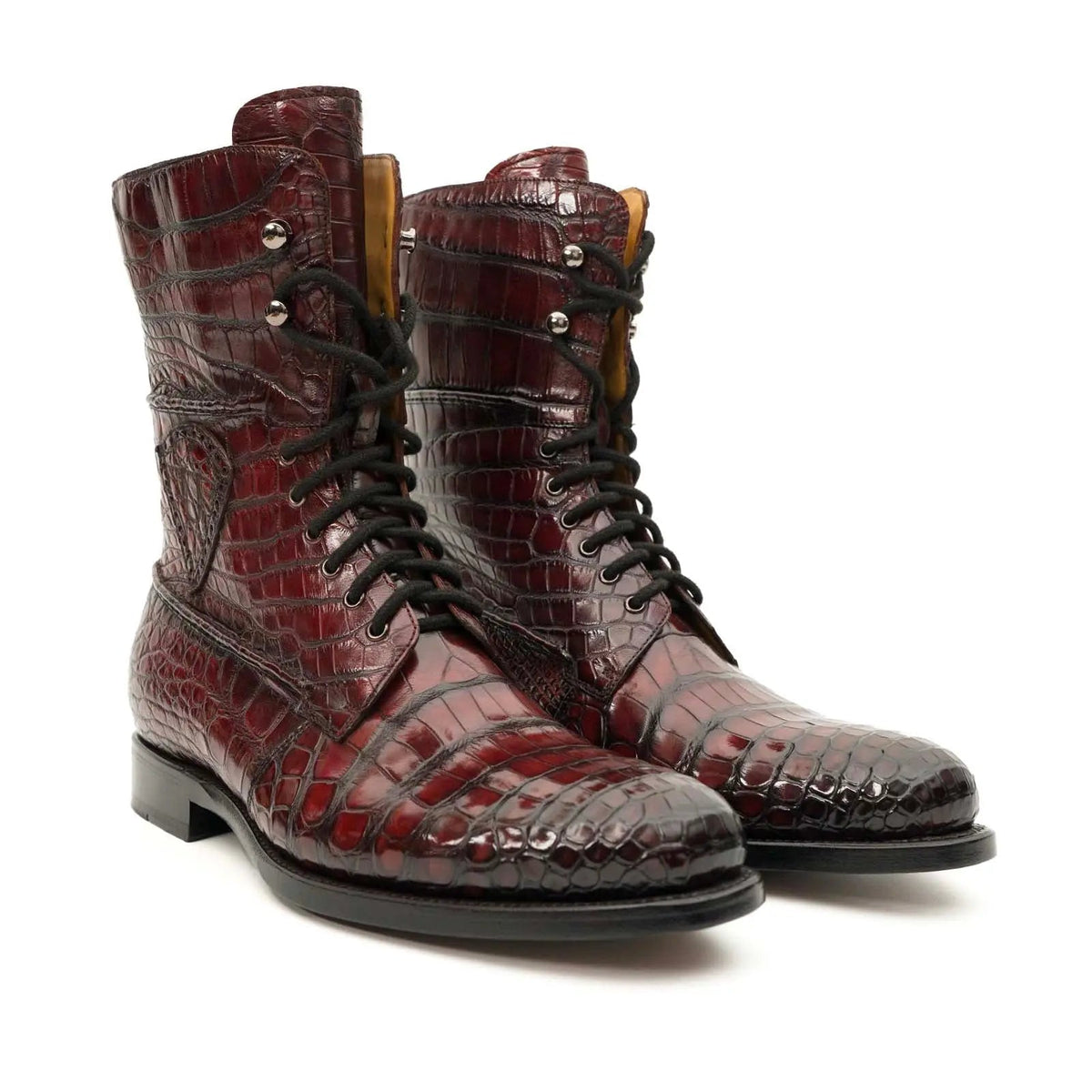 Burgundy Plain-Toe Crocodile Leather Ankle Boots