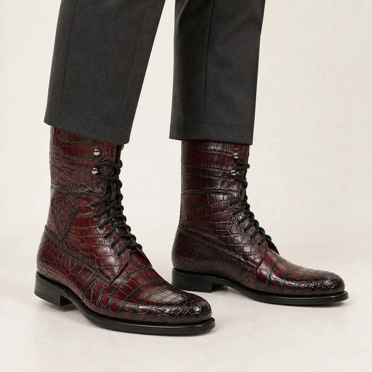 Burgundy Plain-Toe Crocodile Leather Ankle Boots