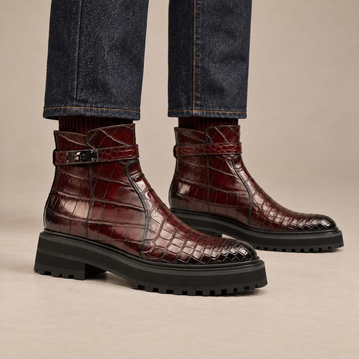 Burgundy Crocodile Leather Chelsea Boots
