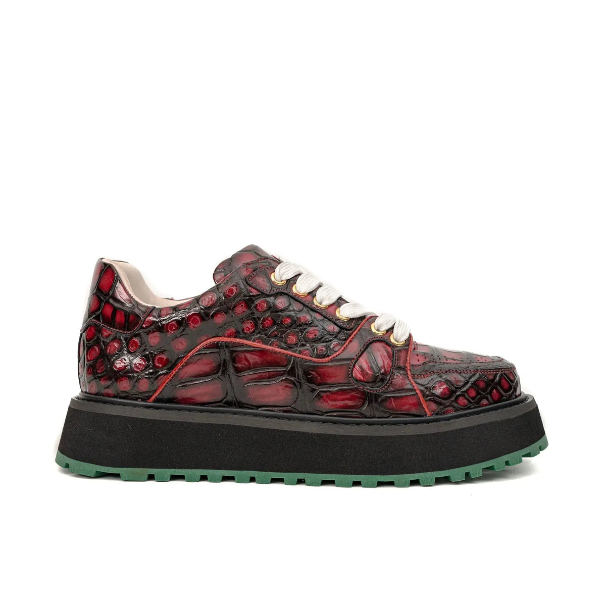 Burgundy Apron-Toe Crocodile Leather Sneakers