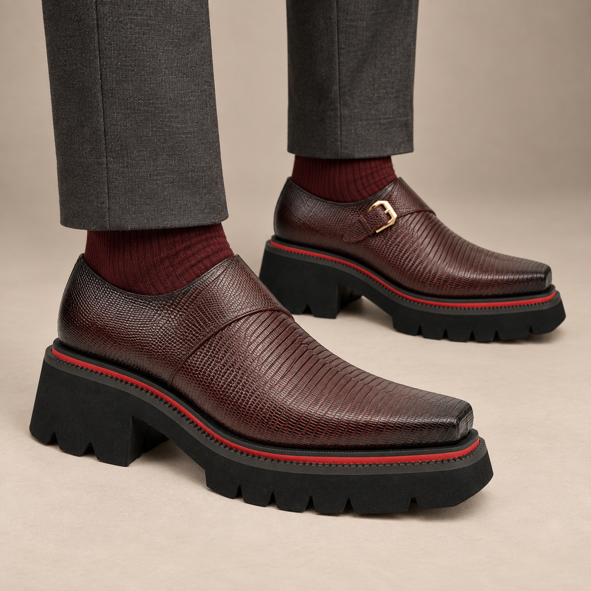 Burgundy Lizard-Embossed Cow Leather Monk Shoes