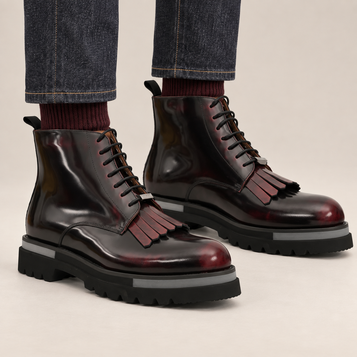 Burgundy Plain-Toe Calf Leather Ankle Boots