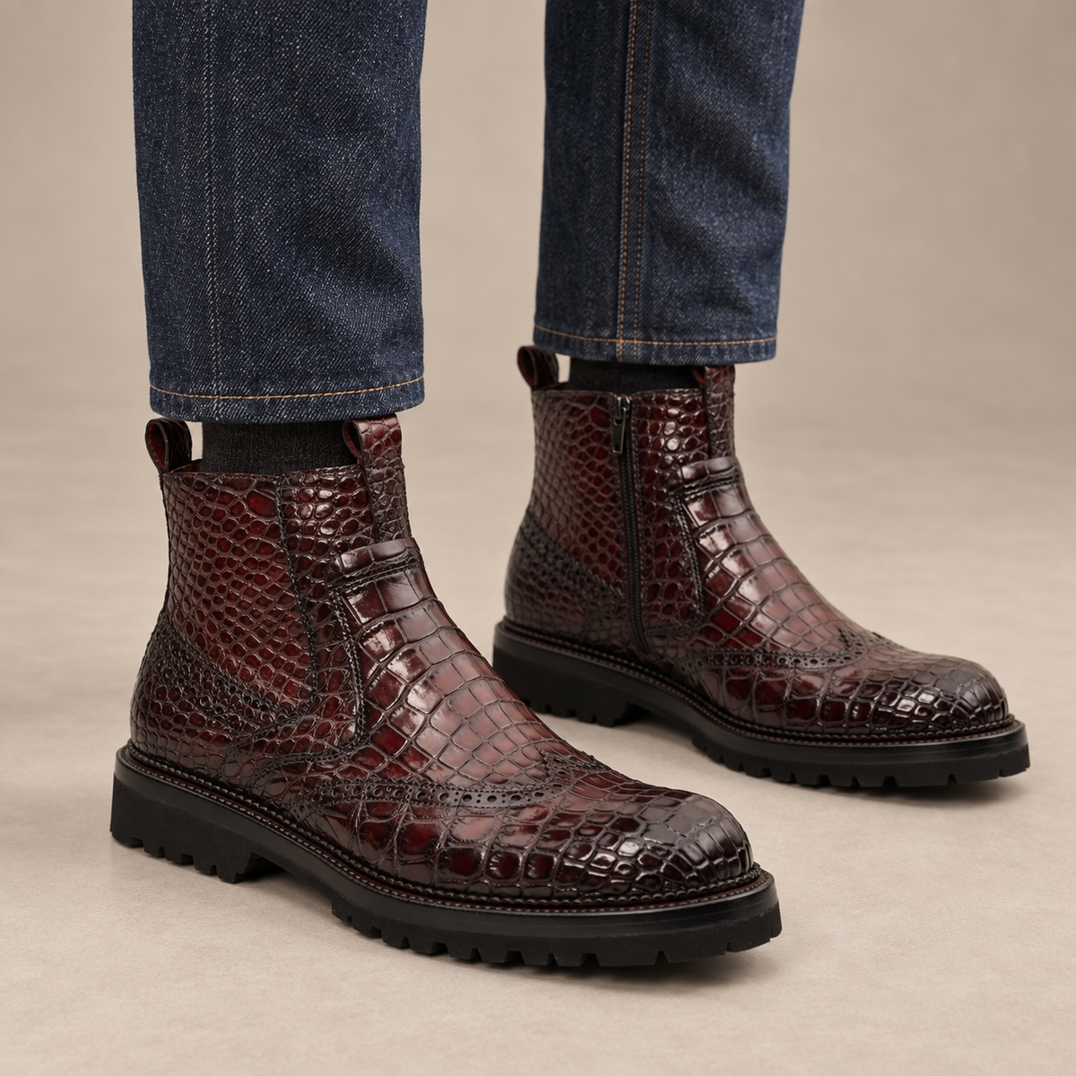 Burgundy Plain-Toe Crocodile Leather Chelsea Boots