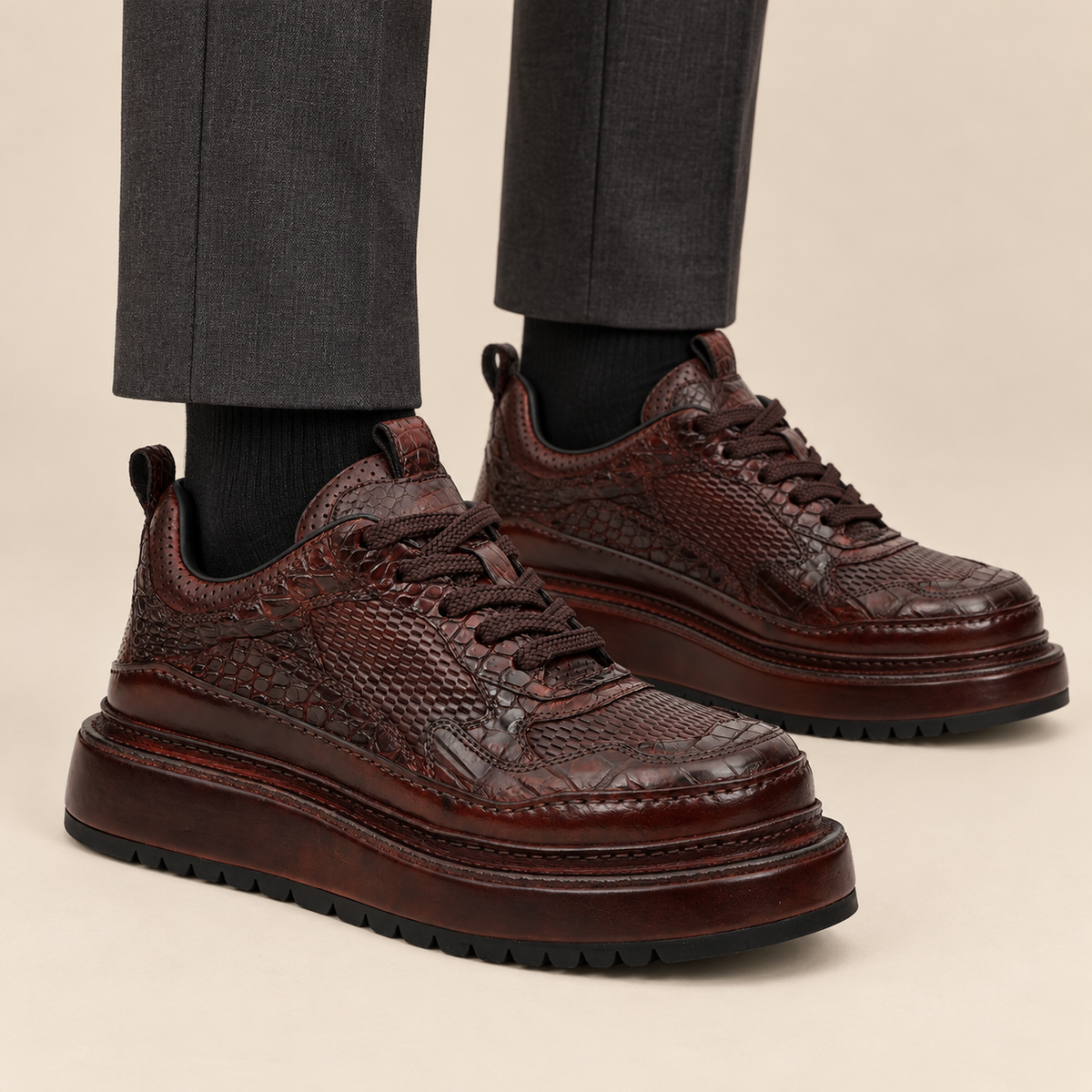 Burgundy Platform Crocodile Leather Sneakers