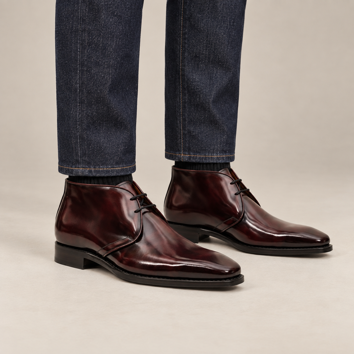 Burgundy Square-Toe Calf Leather Chukka Boots
