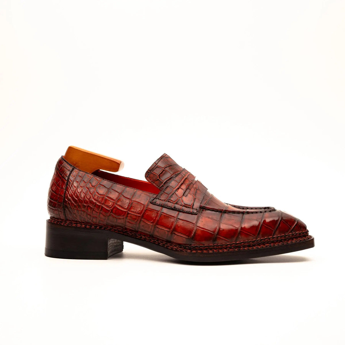 Red Apron-Toe Crocodile Leather Loafers