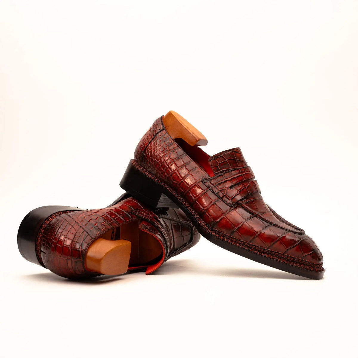Red Apron-Toe Crocodile Leather Loafers