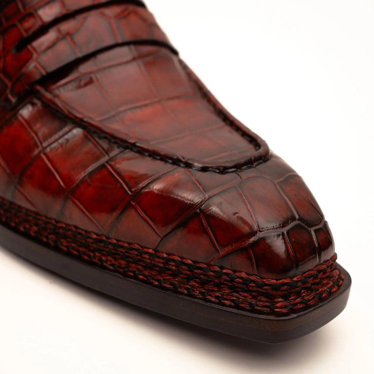 Red Apron-Toe Crocodile Leather Loafers