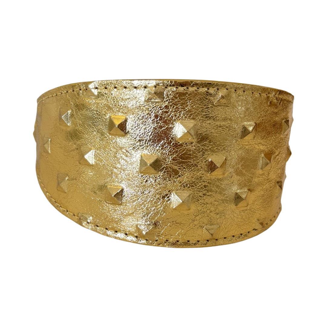Glam Gold Embossed Studded Italian Leather 3” Wide Style Collar