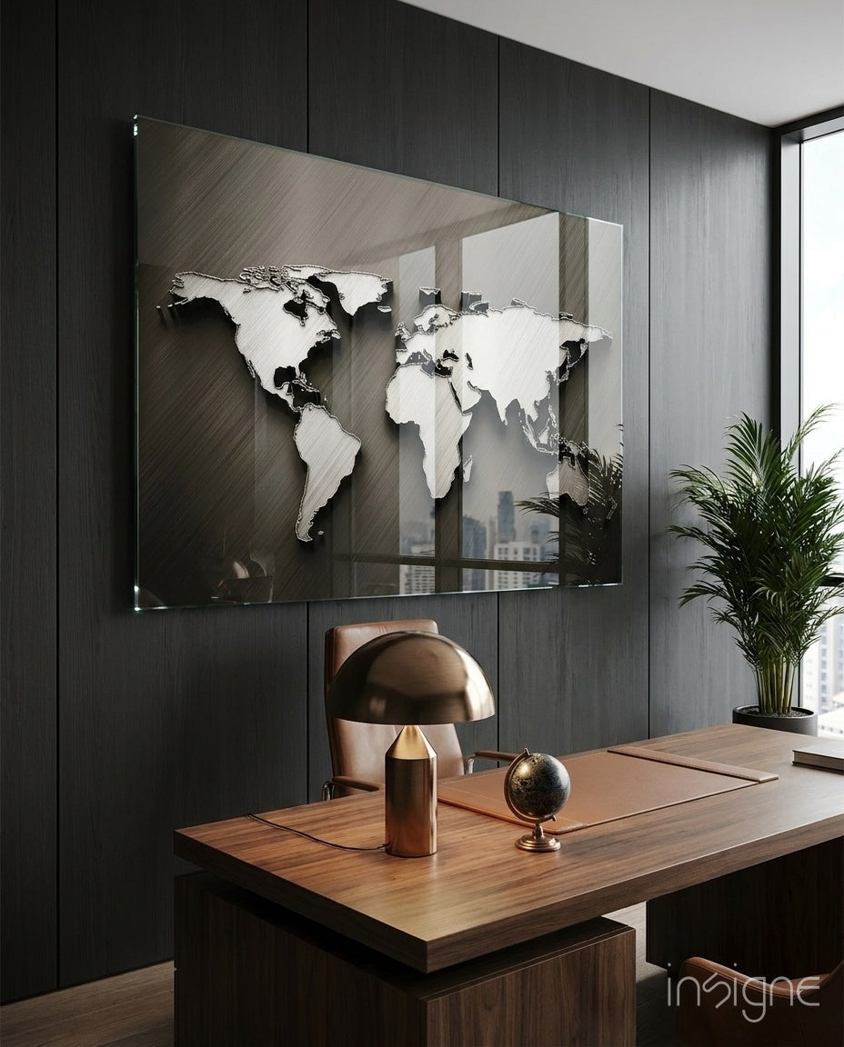Chrome World Map Glass Wall Art