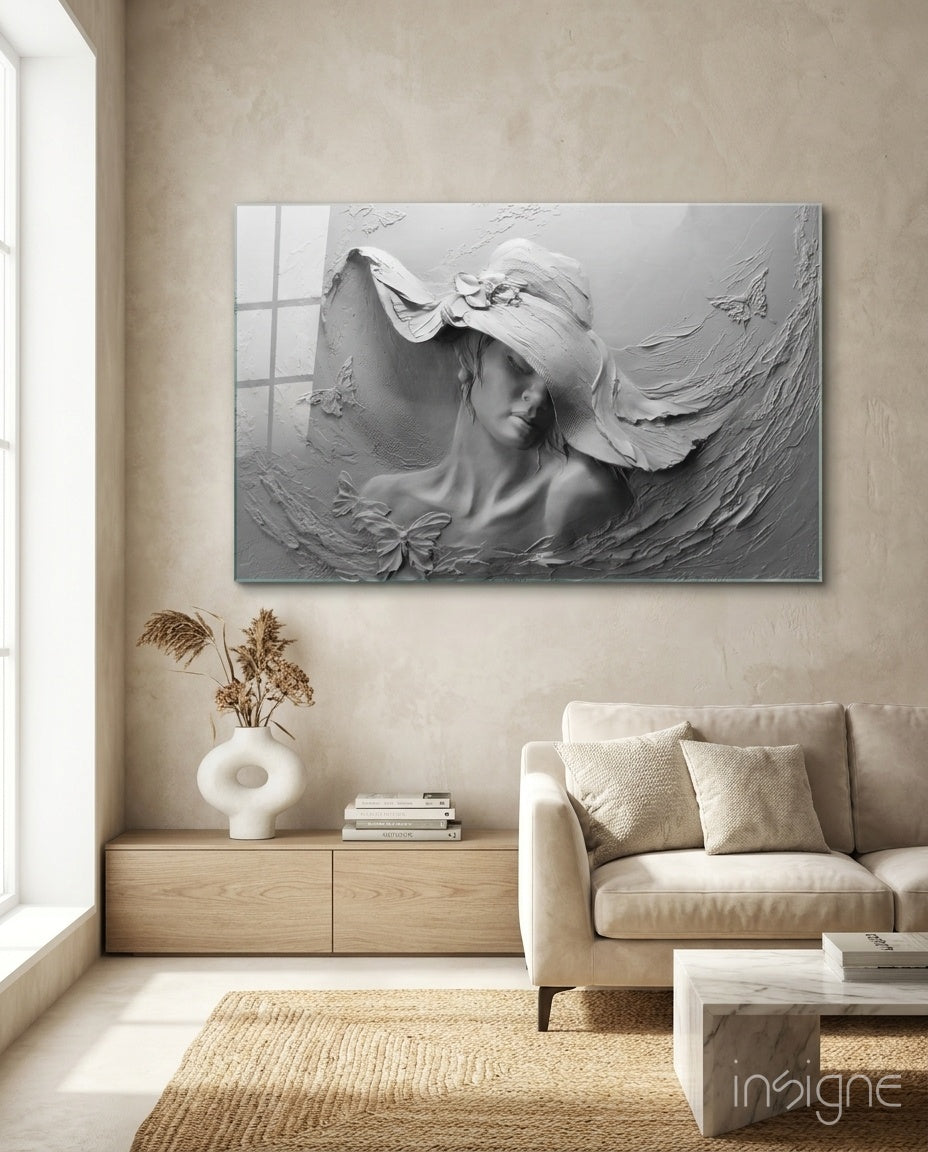 White Draped Woman Glass Wall Art