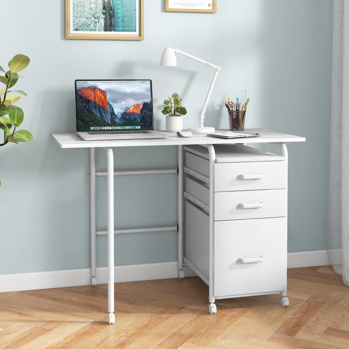 Home Office Folding Computer Laptop Desk Wheeled with 3 Drawers