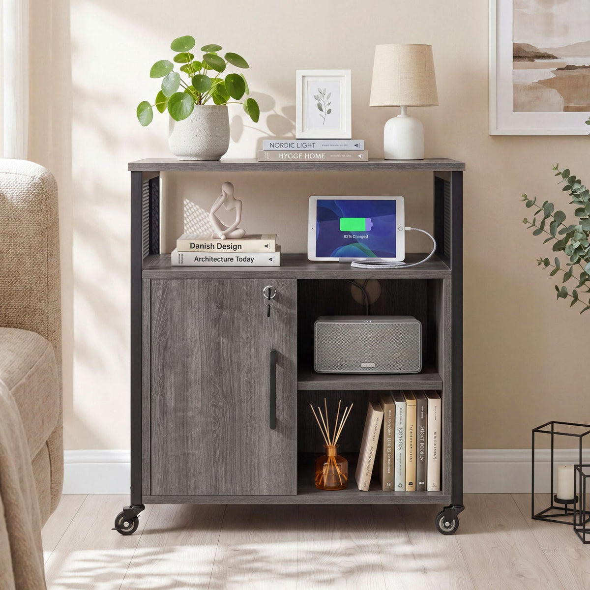 File Cabinet on Wheels with Charging Station and Cable Management Hole