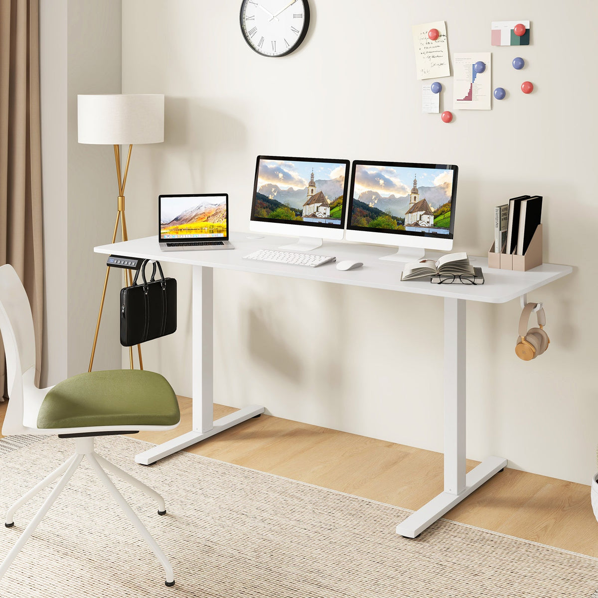 Electric Standing Desk with 3 Memory Heights and 2 Hanging Hooks and Cable Holes