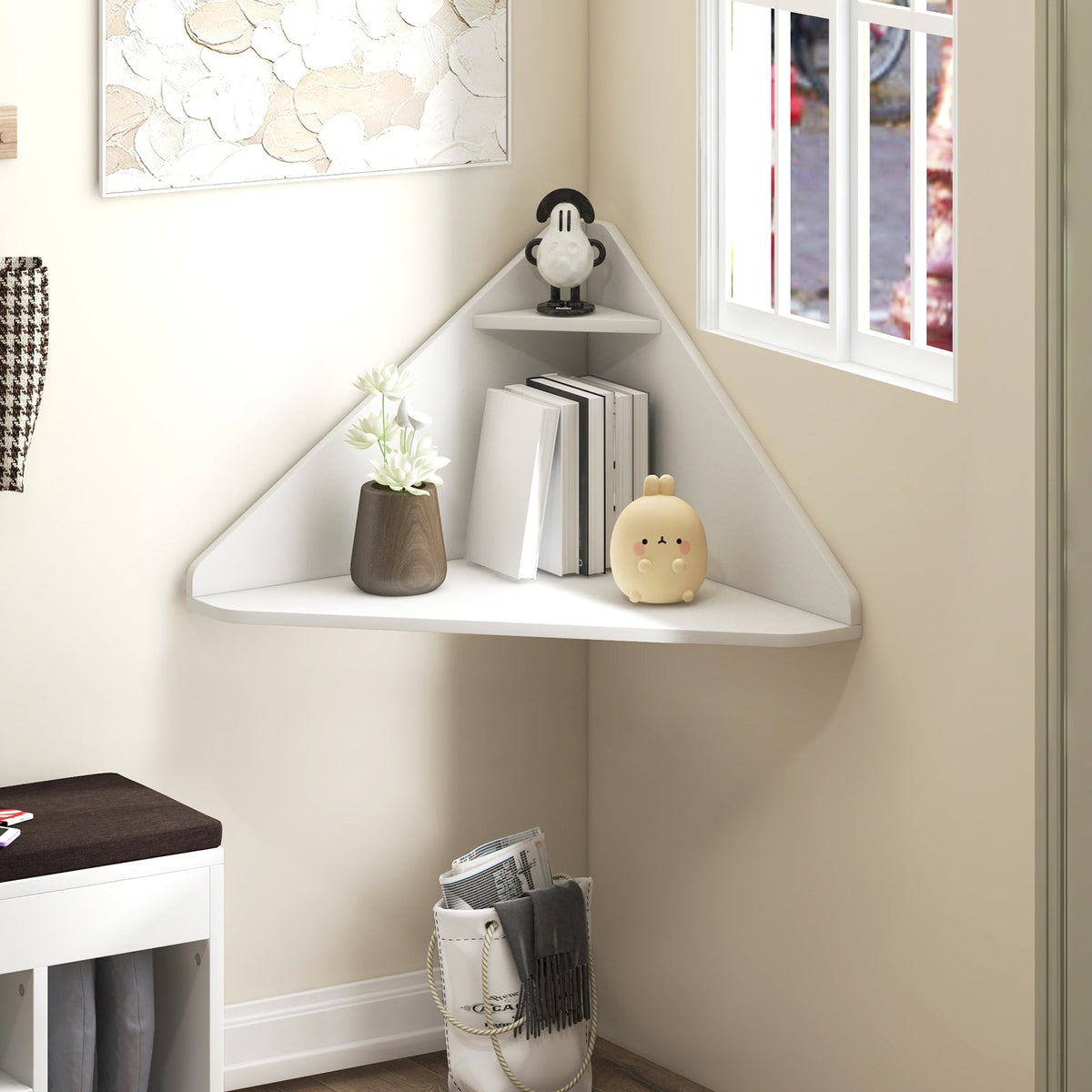 Floating Triangular Corner Computer Desk with Storage Shelf